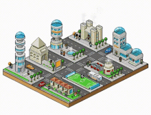 a pixel art drawing of a city with a soccer field