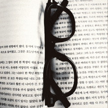 a pair of glasses with a magnifying glass on top of a page of korean text