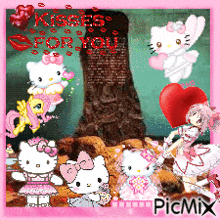 a picture of hello kitty and ponies with the words kisses for you