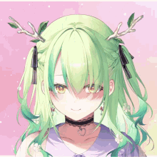 a girl with green hair has a choker around her neck