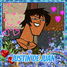a picture of justin de juan is surrounded by hearts and flowers