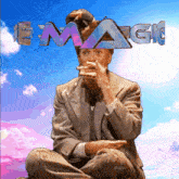 a man in a suit is eating a sandwich with the word magic above him