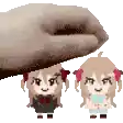 a pixel art of a hand holding two little girls