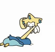a drawing of a cartoon character with a star on its head is laying on a red surface .