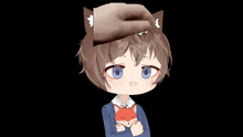 a boy with a cat ear on his head holds a red fox
