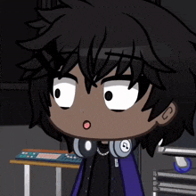 a cartoon character with headphones around his neck has the letter l on his shirt
