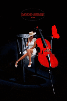 a woman sits on a chair next to a red cello with the words good night vica written above her