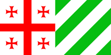 a green and white striped flag with a red cross in the middle
