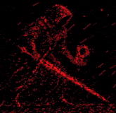 a computer generated image of a person holding a sword in a dark room