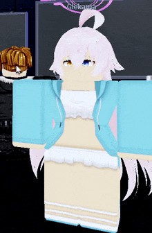 a girl with pink hair and a blue hoodie is standing in front of a screen that says glekama