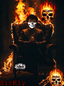 a man in a suit is sitting in a chair with flames around him and the word psychos on the bottom right