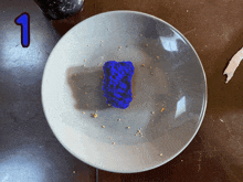 a plate with a blue object on it and the number 1 on the bottom