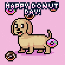 a pixel art drawing of a dog holding a donut with the words happy donut day below it
