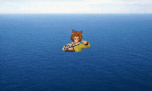 a cartoon character is floating in the middle of a large body of water