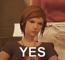 a woman is wearing a shirt with a butterfly on it and says yes