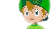 a cartoon character wearing a green hat with a letter k on it