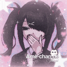 a pixel art of a girl covering her mouth with her hand and the words ame-chan-de maggi