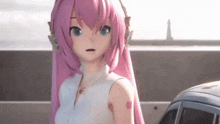 a girl with pink hair and headphones is standing next to a car and looking at the camera .
