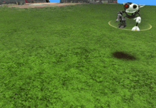 a cartoon character is standing in the grass with a circle around it