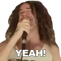a man with long hair singing into a microphone with the word yeah written on the bottom