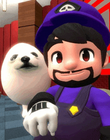 a cartoon character wearing a purple hat and overalls holding a white seal