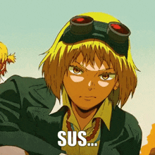 a cartoon character with a goggles on her head and the word sus on the bottom