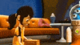 a cartoon girl is sitting on the floor in a living room next to a couch and a snow globe .