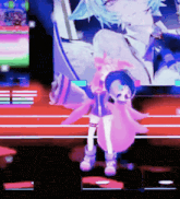 a girl in a pink cape is dancing in front of a picture of a girl