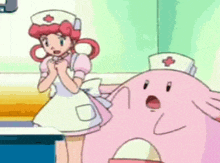 a nurse and a pink pokémon are standing next to each other in a room .