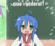 a girl with blue hair and green eyes says ciao # general