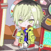 a cartoon character with blonde hair and green eyes is sitting on a stool in front of a sign that says drinks .