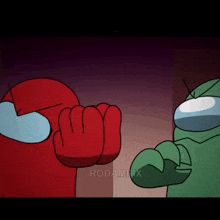 a red among us character is giving a fist bump to a green character