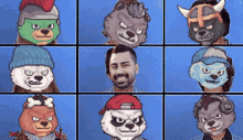 a man with a beard is surrounded by a group of bears