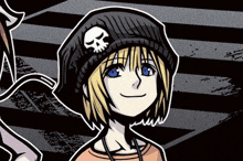 a cartoon character wearing a black hat with a skull and crossbones on it