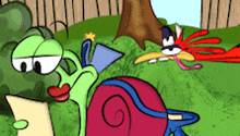 a cartoon of a snail reading a piece of paper next to a bird