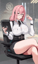 a woman with pink hair and glasses sits in an office chair holding a tablet