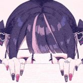 a girl with purple hair is peeking over a wall