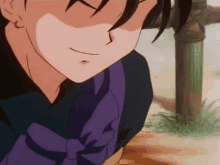 a close up of a cartoon character 's face with a purple tie .