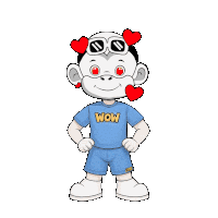 a cartoon monkey wearing sunglasses and a blue wow shirt