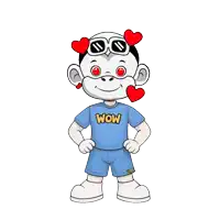 a cartoon monkey wearing sunglasses and a blue wow shirt
