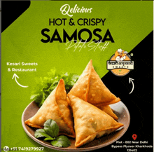 a poster for delicious hot and crispy samosa