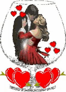 a man and a woman are kissing in a glass with hearts around them