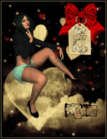 a picture of a woman sitting on a heart with a tag that says " get your mojo "
