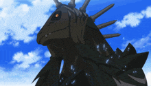a cartoon drawing of a dragon with a blue sky in the background