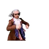 a man with a beard and sunglasses is dancing with an american flag scarf around his neck