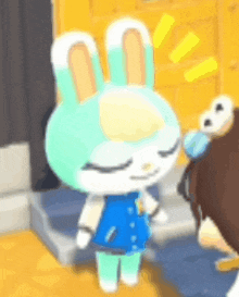 a cartoon rabbit is standing next to a person in a room .