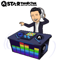 a cartoon of a man wearing headphones playing music on a table with a star tamil chat logo in the background