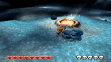 a video game with skulls and hearts in the background