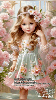 a painting of a little girl in a dress with flowers on her head