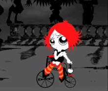a cartoon of a girl with red hair riding a bicycle
